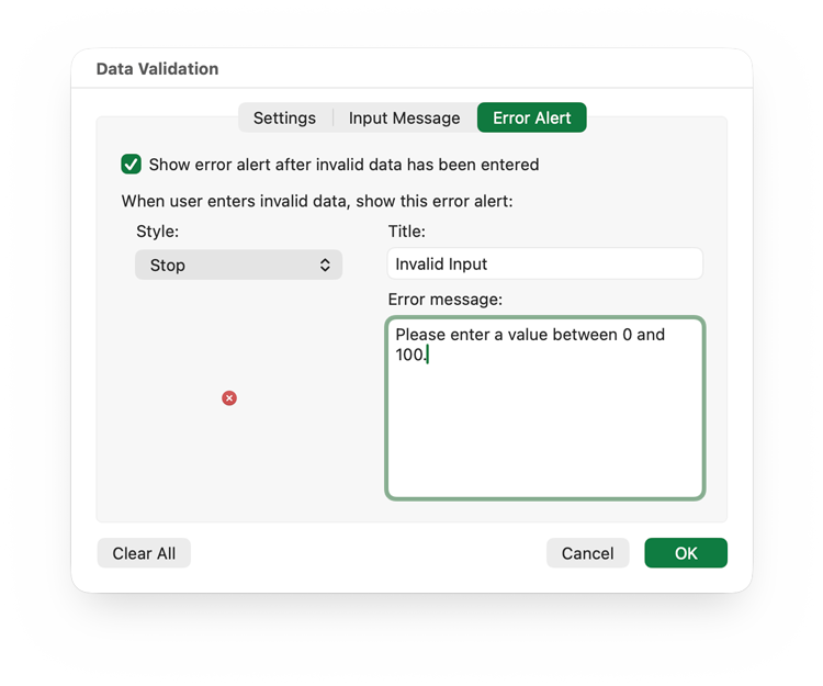 Excel Validation Window