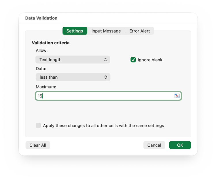 Excel Validation Window