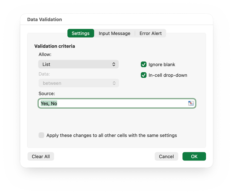 Excel Validation Window