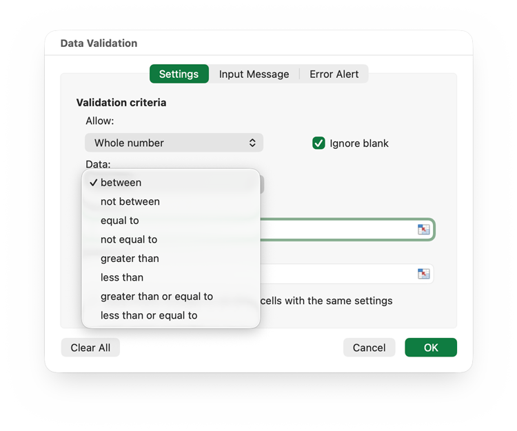 Excel Validation Window
